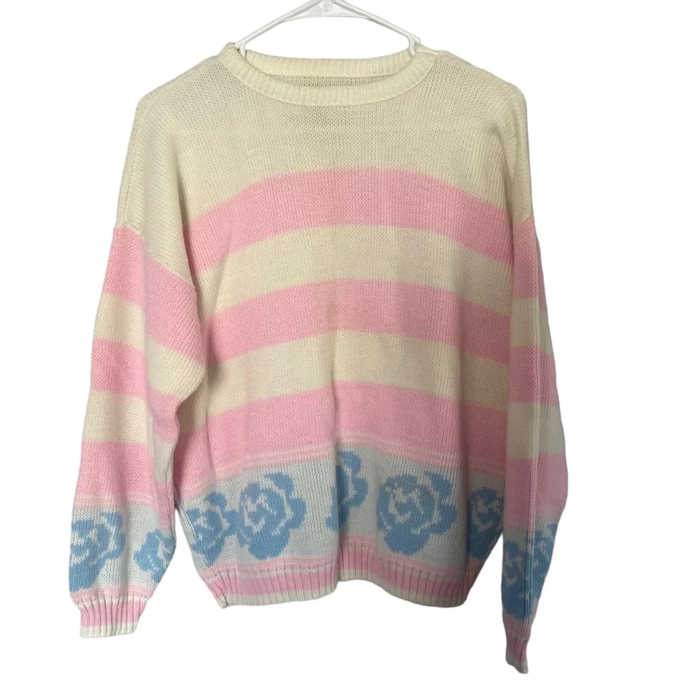 Vintage women’s Striped Floral Crew Neck Sweater Pink Cream sz XL - Picture 1 of 4